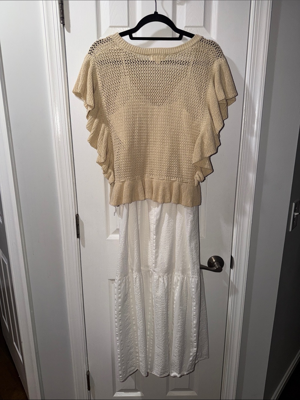 Elan Two Piece white dress with neutral khaki removable vest - Picture 4 of 9